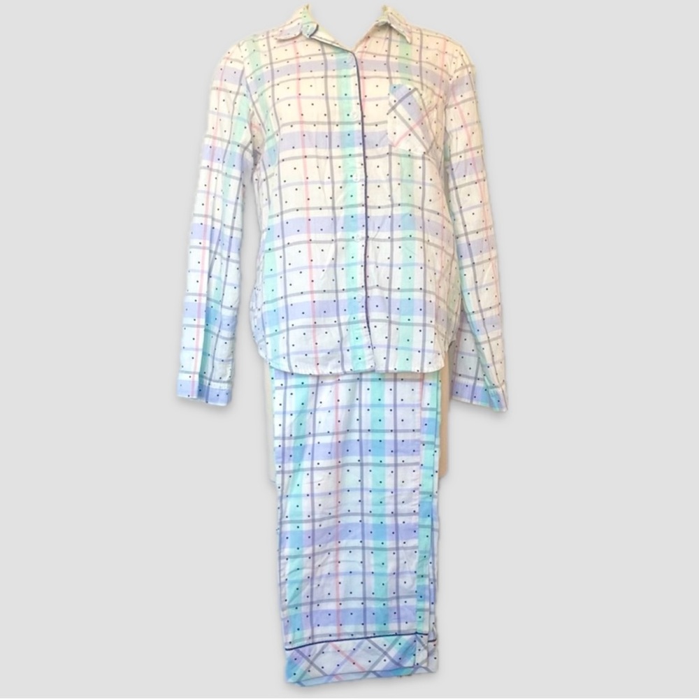 Victoria's Secret Flannel Pastel Plaid Polka Dot PJs Top Pant Pajamas 2PC Set